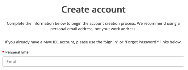 Initial NCAHEC account creation form screenshot